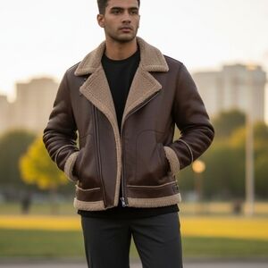 Men's Shearling Lined Brown Bomber Jacket